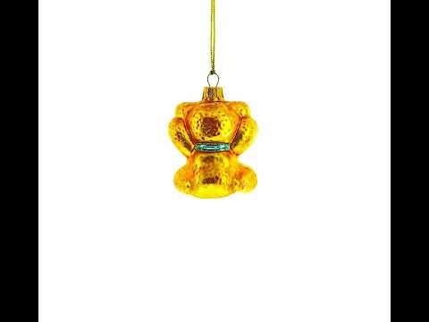 Golden Bear with Blue Bow and Raised Paws Glass Christmas Ornament