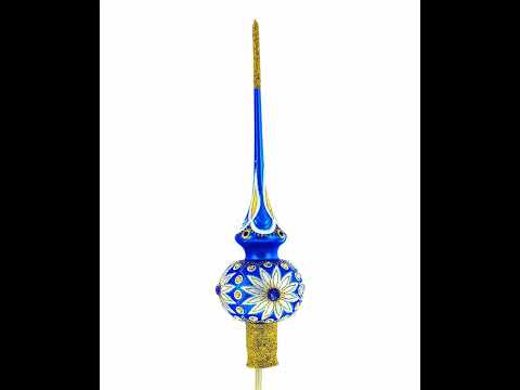 White Daisies on Blue Glass Christmas Tree Topper 11 Inches