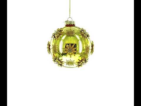 Jeweled Snowflakes Adorning a Golden Glossy Glass Ball Christmas Ornament