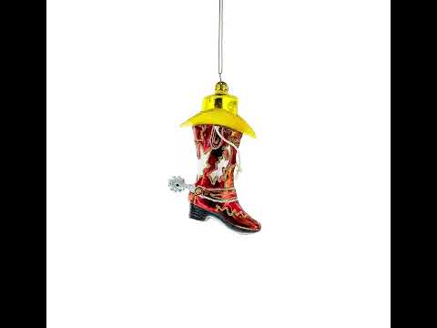 Western Cowboy Boot with Hat and Spur Glass Christmas Ornament