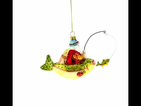 Santa Fishing on Boat Glass Christmas Ornament