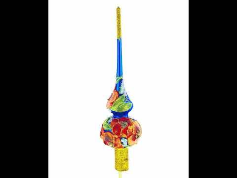 Poppy Flowers on Blue Glass Christmas Tree Topper 11 Inches