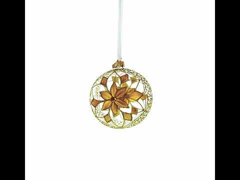 Gold Blossom with Gem Center Glass Ball Christmas Ornament 4 Inches