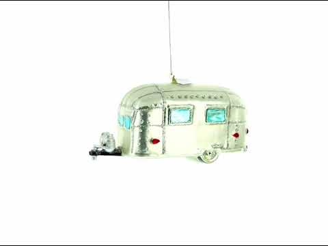 Camper Trailer with Awning Glass Christmas Ornament