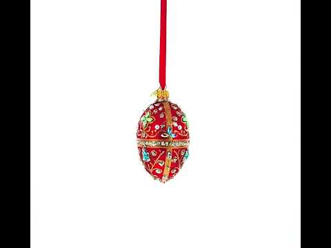 Red Jewel-Encrusted Egg with Gold Filigree and Crystal Floral Accents Glass Egg Ornament 4 Inches