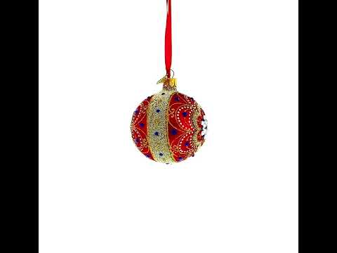 Baroque Filigree with Gemstones on Red Glass Ball Christmas Ornament 3.25 Inches