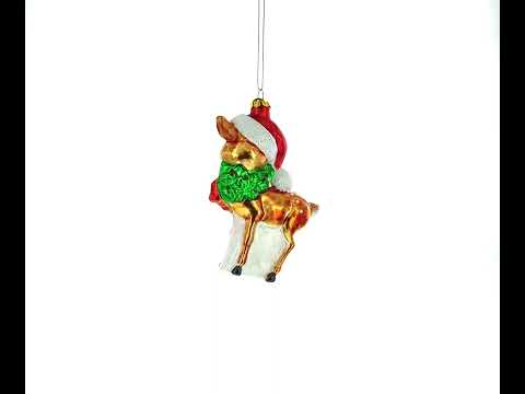Reindeer with Santa Hat Glass Christmas Ornament