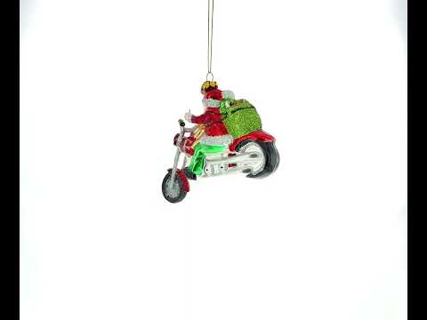 Biker Santa on Red Motorcycle Glass Christmas Ornament