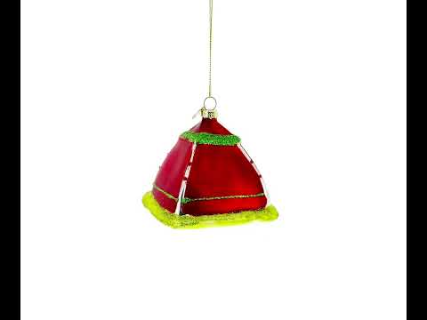 Red and Green Camp Tent Glass Christmas Ornament