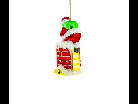 Santa Going Down the Chimney Glass Christmas Ornament