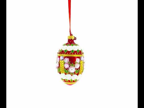 Pearl Flowers on Glossy Red Glass Egg Ornament 4 Inches
