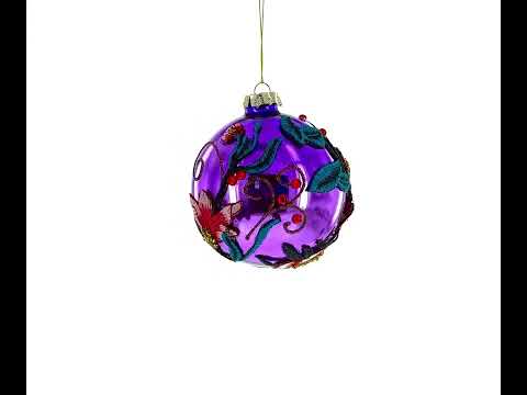 Embroidered Flowers on Purple Glass Ball Christmas Ornament