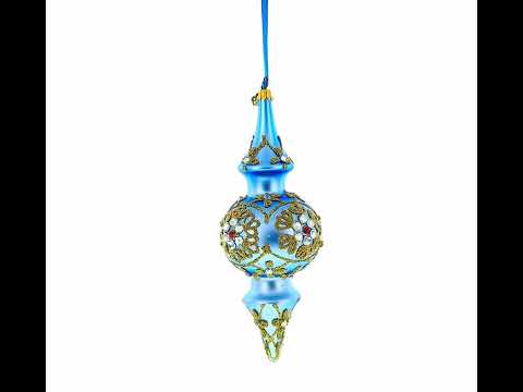 Royal Blue Jeweled Scroll Double-Ended Finial Drop Glass Christmas Ornament
