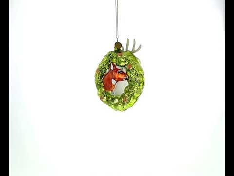 Reindeer Wreath Glass Christmas Ornament