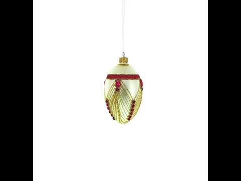 Red Jewels Eccentrics on White Glass Egg Ornament 4 Inches