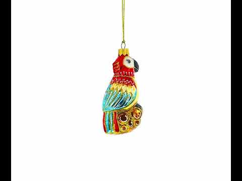 Vibrant Pirate Parrot Sitting on Barrel Stack Glass Christmas Ornament