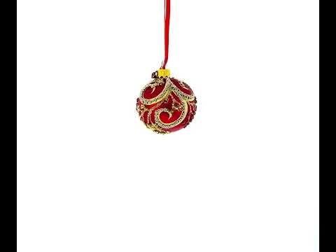 Glittered Red Berries and Gold Leaf Branches on Red Glass Ball Christmas Ornament