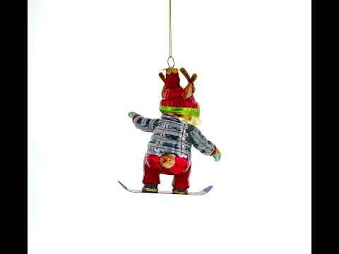 Moose on Snowboard Glass Christmas Ornament