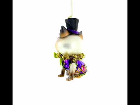 Cat in Top Hat with Bow Tie Glass Christmas Ornament
