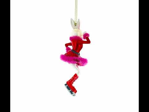 Bunny Ice Skater In Red Dress Glass Christmas Ornament