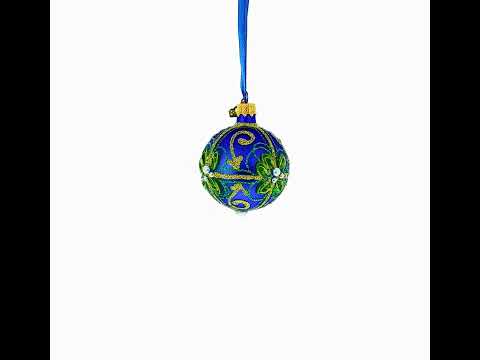 Green & Gold Glitter Pearls & Floral Accents Blue Glass Ball Christmas Ornament 2.4 Inches