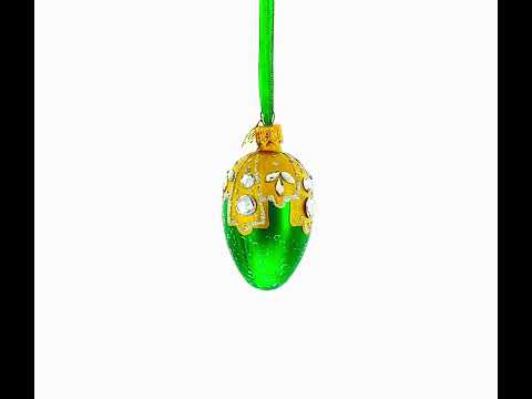 Green with Gold and Clear Jewel Accents Mini Glass Egg Ornament 2.9 Inches