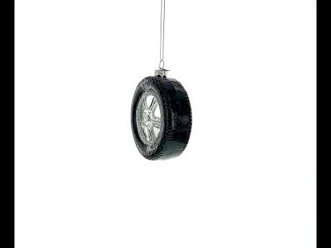 Sleek Black Car Wheel Glass Christmas Ornament