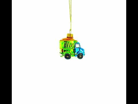 Adorno navideño de cristal en miniatura con forma de camión volquete azul y verde