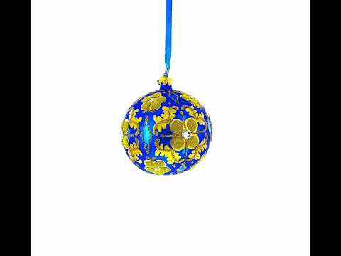 Adorno navideño con hojas doradas adornadas con joyas sobre bola de cristal azul de 4 pulgadas
