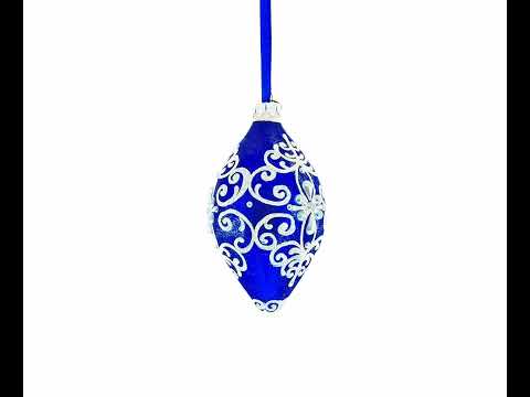 Adorno navideño de cristal con remate en forma de lágrima puntiaguda y pergamino enjoyado azul