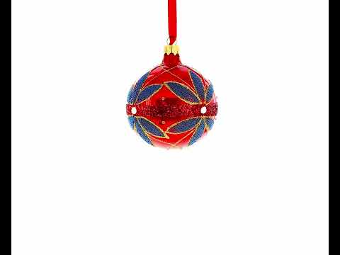 Adorno navideño de flores azules sobre bola de cristal roja de 3,25 pulgadas
