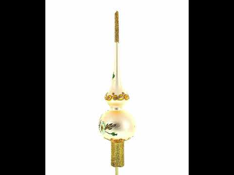 White Flowers Bouquet on Beige Glass Christmas Tree Topper 11 Inches