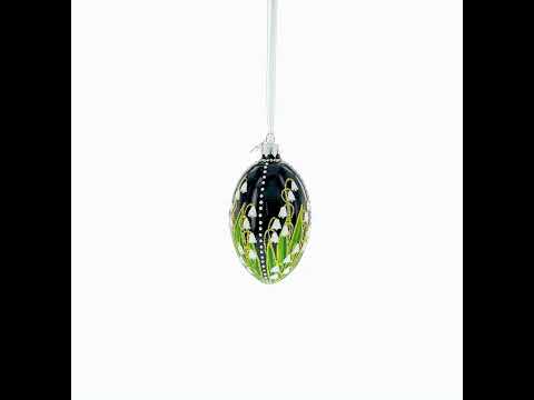 Lily of the Valley on Glossy Black Egg Glass Ornament 4 Inches