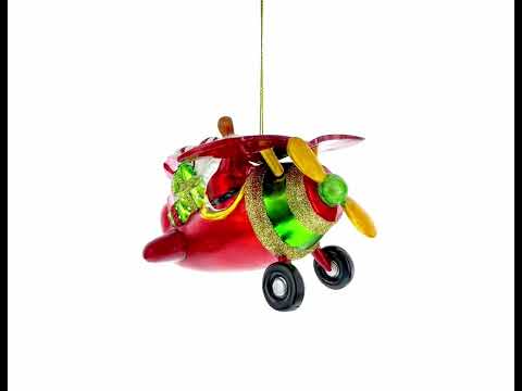 Santa Flying Airplane with Gifts Glass Christmas Ornament