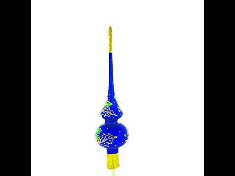 Santa and Mistletoe Wreath on Blue Glass Christmas Tree Topper 11 Inches