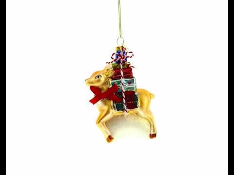 Deer Carrying Gifts Glass Christmas Ornament