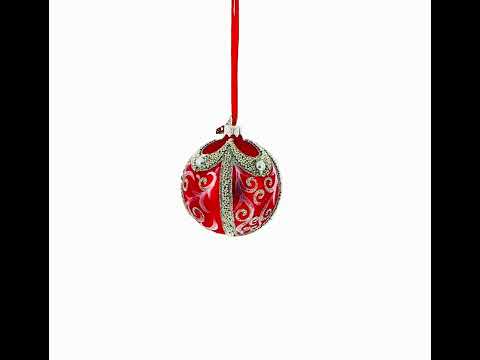 Retro Style Red and Gold Reflector with Glitter, Gems & Indent Center Glass Christmas Ornament