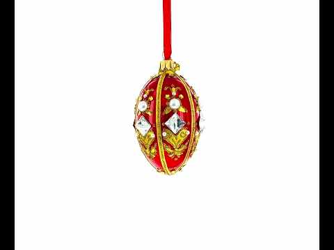 Adorno de huevo de cristal rojo con diamantes y perlas de 4 pulgadas