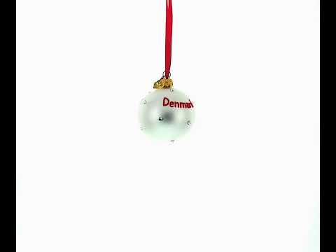 Danish Flag and “Denmark” Script with Crystal Accents on Frosted White Glass Ball Christmas Ornament