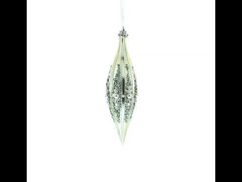 Pearl and Glitter Jeweled Elongated Pointed Teardrop Finial Glass Christmas Ornament