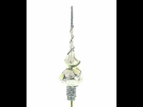 White Roses with Leaves on White Glass Christmas Tree Topper 11 Inches
