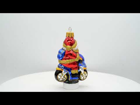 Santa on Motorcycle with Green Backpack Glass Christmas Ornament