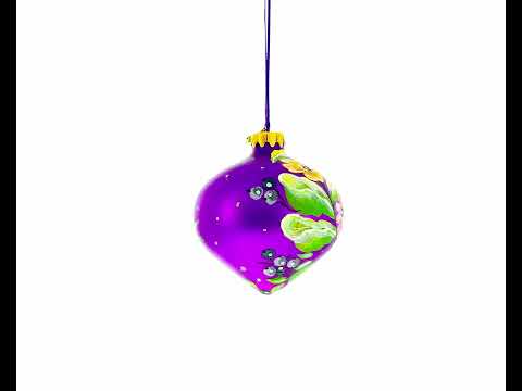Floral and Bird Design Purple Teardrop Glass Christmas Ornament