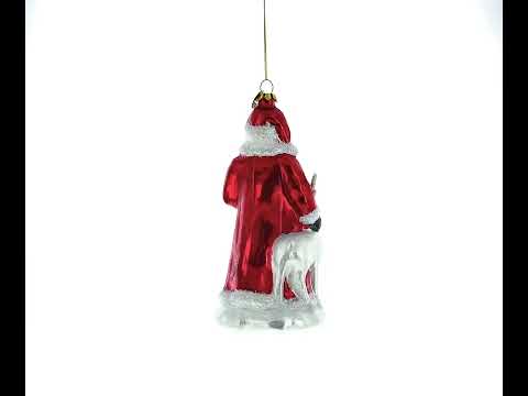 Santa with White Reindeer Glass Christmas Ornament