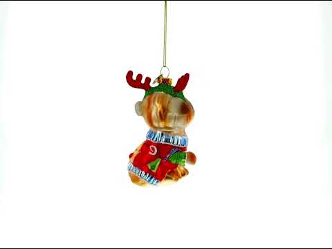 Pug Wearing Reindeer Antlers Glass Christmas Ornament