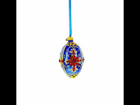 Sapphire with Red Floral Gemstone Embellishments Glass Egg Ornament 4 Inches