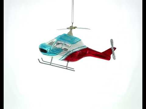Blue and Red Helicopter Glass Christmas Ornament