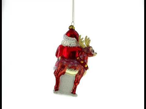 Santa with Reindeer with Sign Glass Christmas Ornament