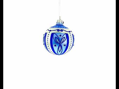 Blue Leaves Glass Ball Christmas Ornament 3.25 Inches