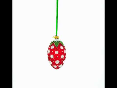Red and Gold Lattice with White Flowers and Green Holly Glass Egg Ornament 4 Inches